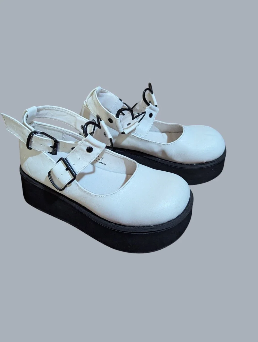 Goth Grunge Demonia Sprite White Black Platform Mary Jane Heart Buckle Shoes